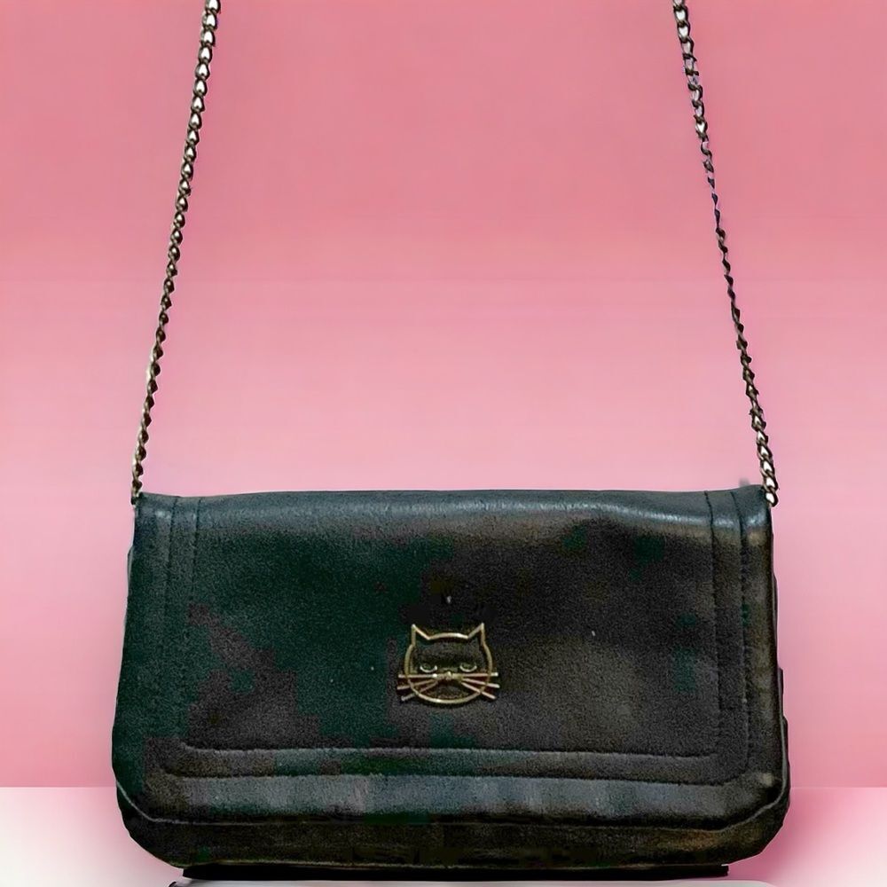 TWIG AND ARROW Cat Kitty Faux Leather Black Crossbody Bag Purse Chain Strap